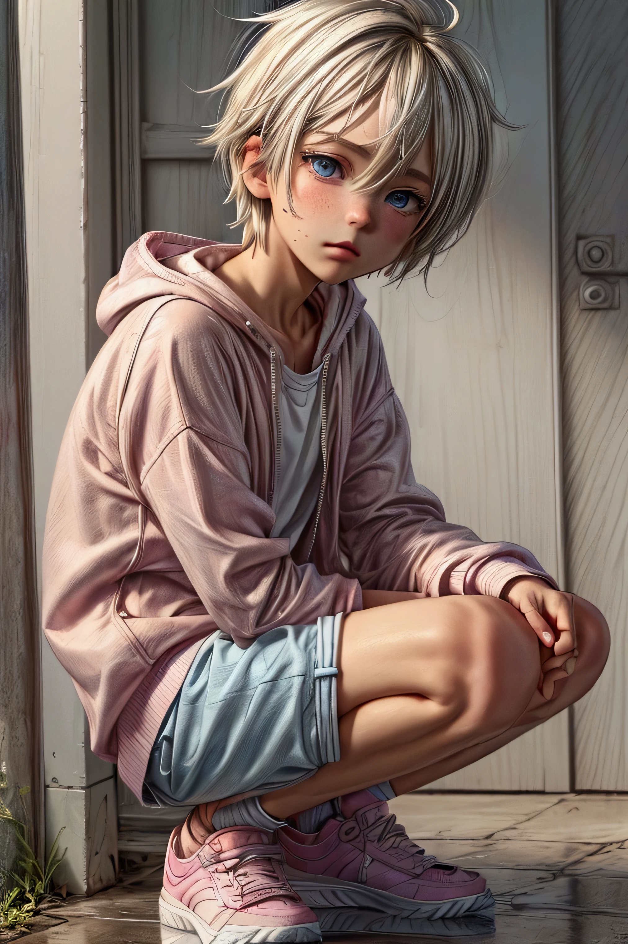 Anime style, Highres, Masterpiece, Best quality at best, Best Quality, hight quality, hight detailed, 1boy, (), boy, blonde boy, blond Hair, perfect boy body, cute boy, detailed light blue eyes, detailed eyes, short hair, messy hair, pastel rainbow inner hair color mesh, Neutral Facial Features, crouching down, front view, wears a open zipper pink hoodie, silver necklace with a pastel pink heart, boy chest, detailed too very short mini blue jean shorts, beautiful long legs, white socks,multicoloured sport sneakers, rainy afternoon on the street, highest quality,