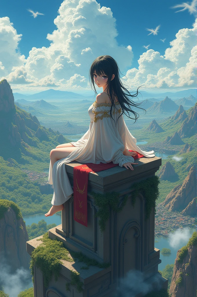 (masterpiece、top-quality)perfect anime illustration、One girl in a mysterious atmosphere overlooking the lowlands from the top of a sheer cliff、Very cute face、shiny and long black hair、crystal clear white skin、Both feet are barefoot、She wears only one white dress that reaches her calf.、Blue phosphorescence surrounds her、In front of you, ruins stretch far and far away、The place is a fantastic and vast city ruins、The time is night and it is dark around the sky, but there are stars in the sky々And the big moon is shining brightly、A gentle breeze is blowing、No one else、Rear view、So that the whole body goes into the illustration
