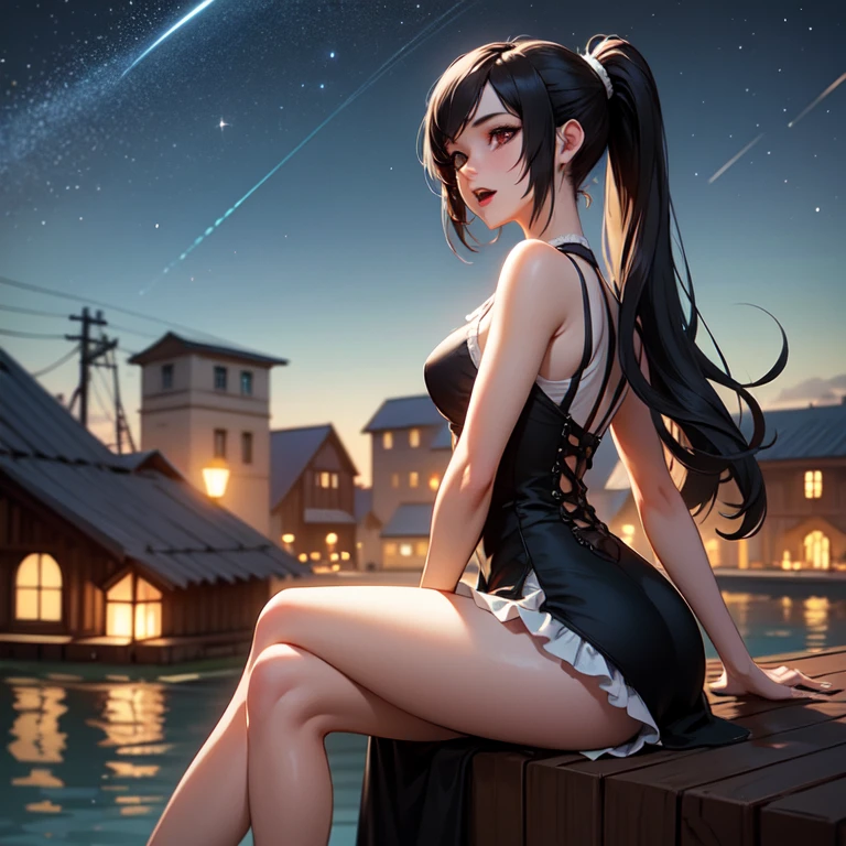 (Masterpiece, top quality, super detailed CG, ultra detailed beautiful face and eyes,super detailed, intricate details:1.2), 8k wallpapers, elaborate features,
(1 person, solo:1.4)perfect cartoon illustration,(1 person, solo:1.4)
(realistic textures:0.8), high res, cute, (vivid colors, dynamic lighting:1.0), (high contrast:0.8),
A girl (in her teens) with a mysterious atmosphere overlooking the lowlands from the top of a steep cliff, very pretty face, long glossy black hair, clear sky-blue eyes, clear skin, slender arms and legs (both barefoot), wearing only a white dress that reaches down to her calves, surrounded by blue phosphorescence. Blue phosphorescence surrounds her, ruins spread far and wide in front of her, the place is a fantastic and vast urban ruin, the time is night and the area is dark, but stars and a big moon are shining brightly in the sky, back view, so that her whole body is included in the illustratioオナニーしている女の子