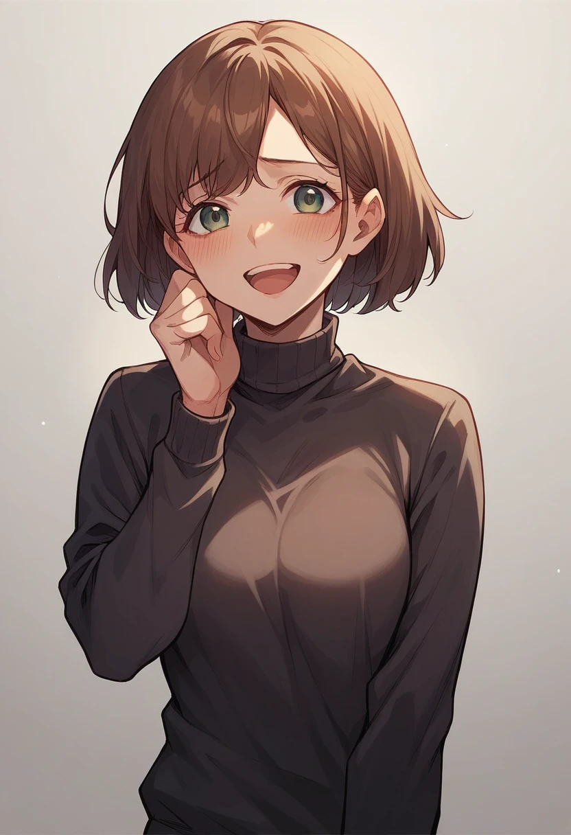 Anime female detective, shy and joyfull, happy, dark sweater