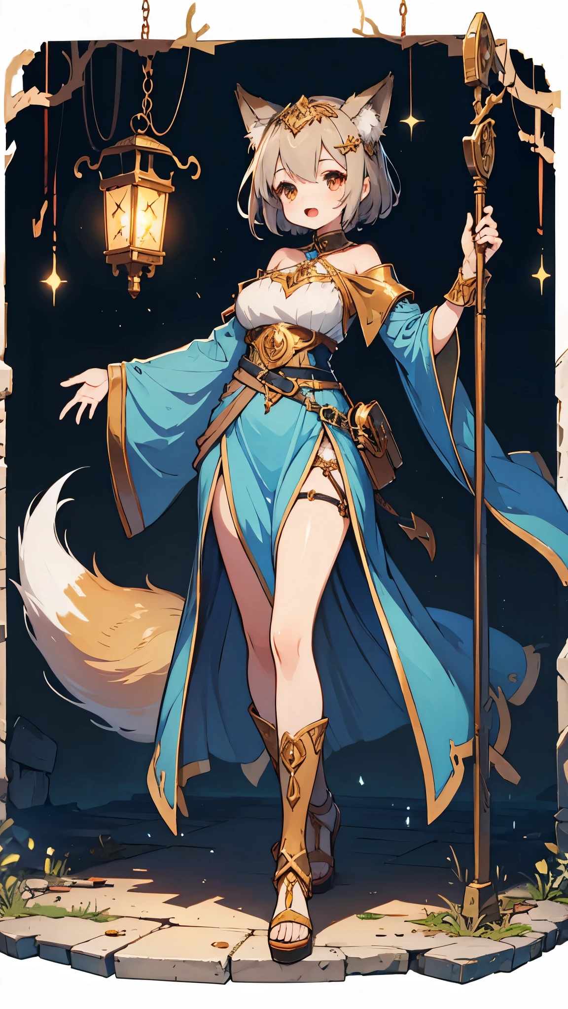 Fox girl, fantasy setting, short hair, searching eyes, full body, wearing ancient costume,