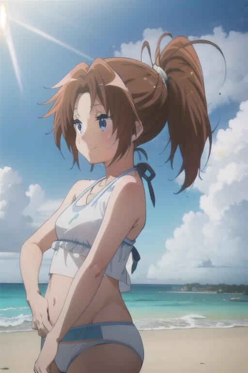 (Best Quality,masterpiece),One Girl、smile、Ponytail, Nakagawa Natsuki,noon,bedroom、smile、Standing posture,tea hair,whole body，Sandy Beach，White Bikini，sun，sea