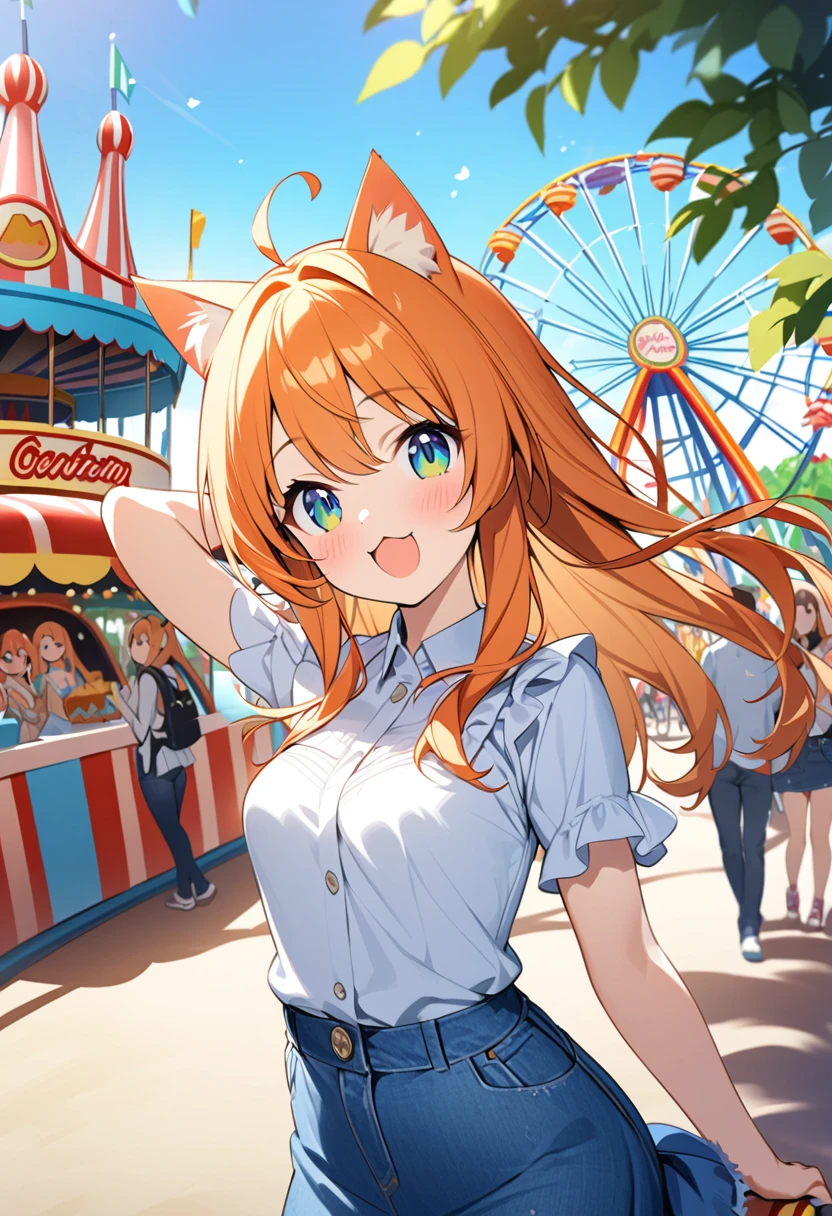 Young girl、Very cute、small、Firm breasts、Denim skirt、Orange Hair、High quality backgrounds、amusement park、Cheerful attitude、Cat ears、Cat&#39;s tail、An innocent smile、Chubby old man、Patting her head