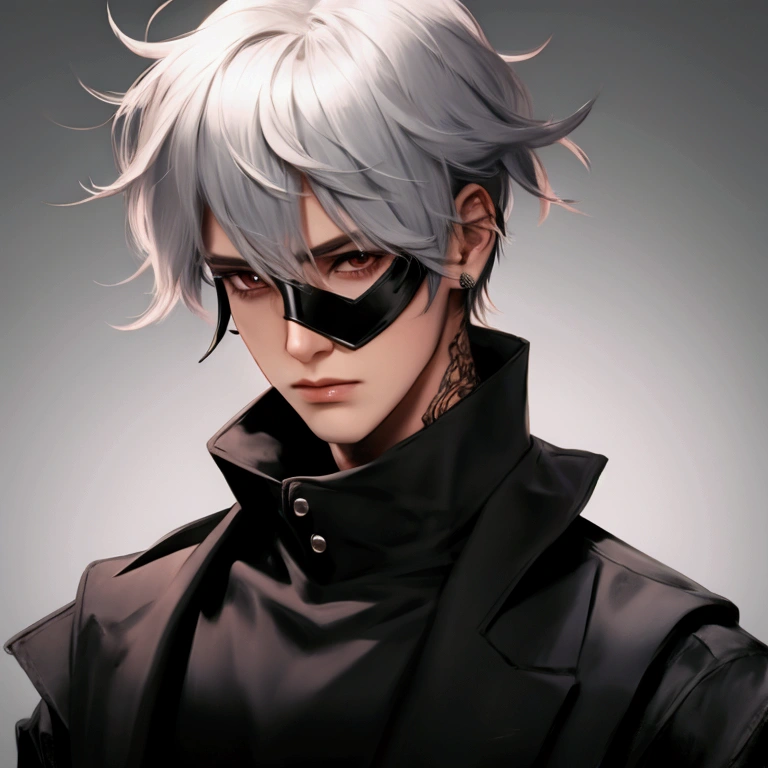 ((Best quality)), ((masterpiece)), ((realistic)), boy, white hair, black outfit, dark blindfold,