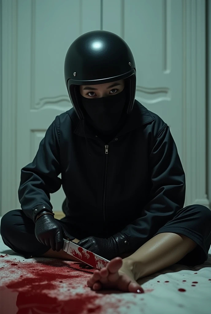 korean girl, (behind stiff, holding knife), stabbing, black balaclava mask, black gloves, white room, black raincoat, black wet suit, trucker hat, bloody knife, black gloves,, woman on top, behind cadaver, blood splatter, on the bed, girl only, looking at viewer, mass murderer, killer, blood splatter, atmospheric realistic, light from the window,