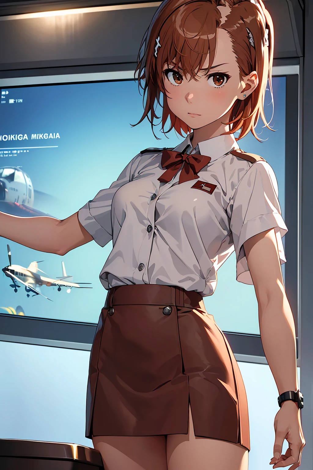 nsfw　(masterpiece:1.3), (Best Quality:1.1), (8k, Very detailed, Ultra-high resolution:1.2), ((Misaka Mikoto)), Five perfect fingers, Perfect Anatomy, One Girl, Short Hair　Brown Hair　Brown eyes, View your audience, Cool face　Glare　 (Cowboy Shot 1.5), (Detailed Background:1.2),Inside a realistic airplane　((flight attendant))++　Tight mini skirt　　