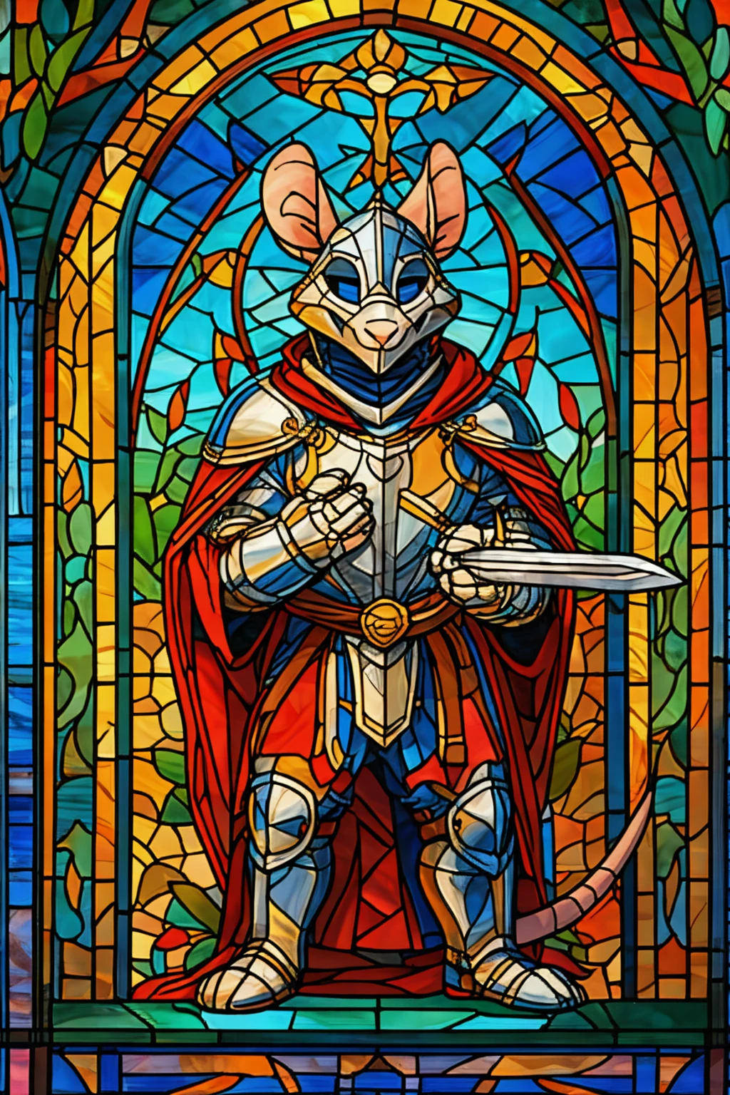 Anthropomorphic mouse, knight, male, praying with a sword, stained glass relief
