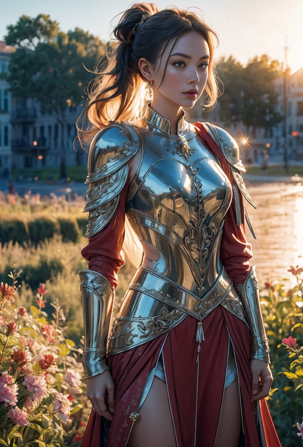 (Very Detailed:1.2, Masterpiece:1.2, Best Quality:1.2, High Resolution:1.2), Beautiful scenery with beautiful flowers blooming even in war-torn fields, Wet ground, 1 girl, Brown hair, Ponytail, Armor, Breastplate, Dirty face, Blood stains, Dark sky, Sunset, Cinematic style,