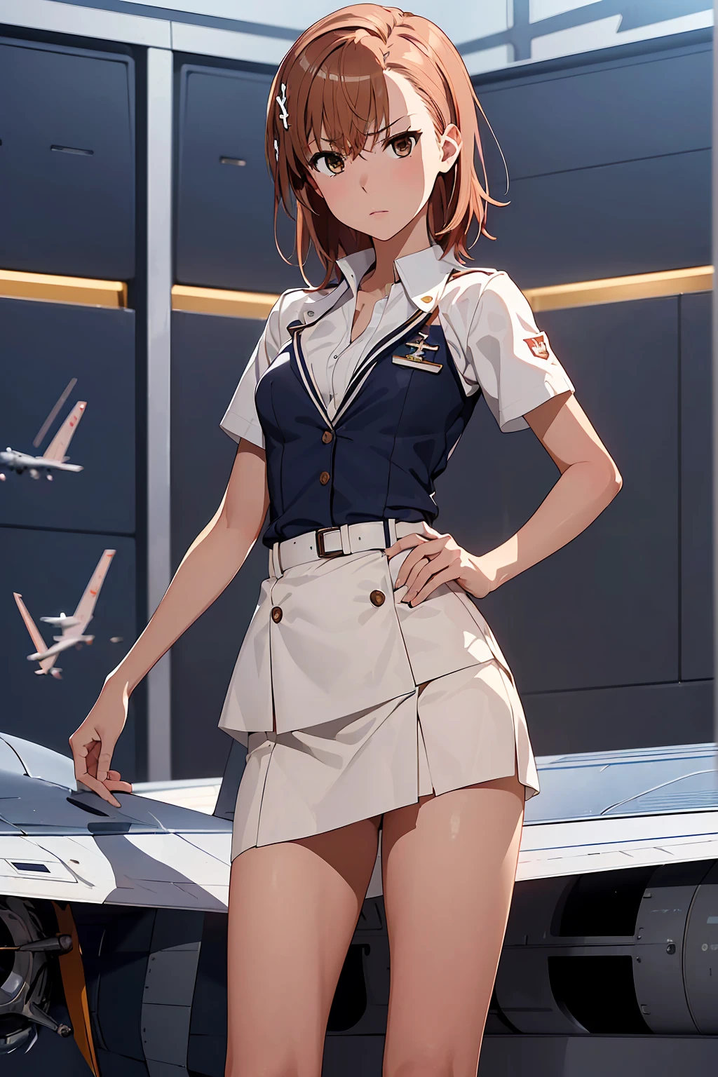 nsfw　(masterpiece:1.3), (Best Quality:1.1), (8k, Very detailed, Ultra-high resolution:1.2), ((Misaka Mikoto)), Five perfect fingers, Perfect Anatomy, One Girl, Short Hair　Brown Hair　Brown eyes, View your audience, Cool face　Glare　 (Cowboy Shot 1.5), (Detailed Background:1.2),Inside a realistic airplane　((Navy Flight Attendant))++　Super tight mini skirt　　Lacy white panties　