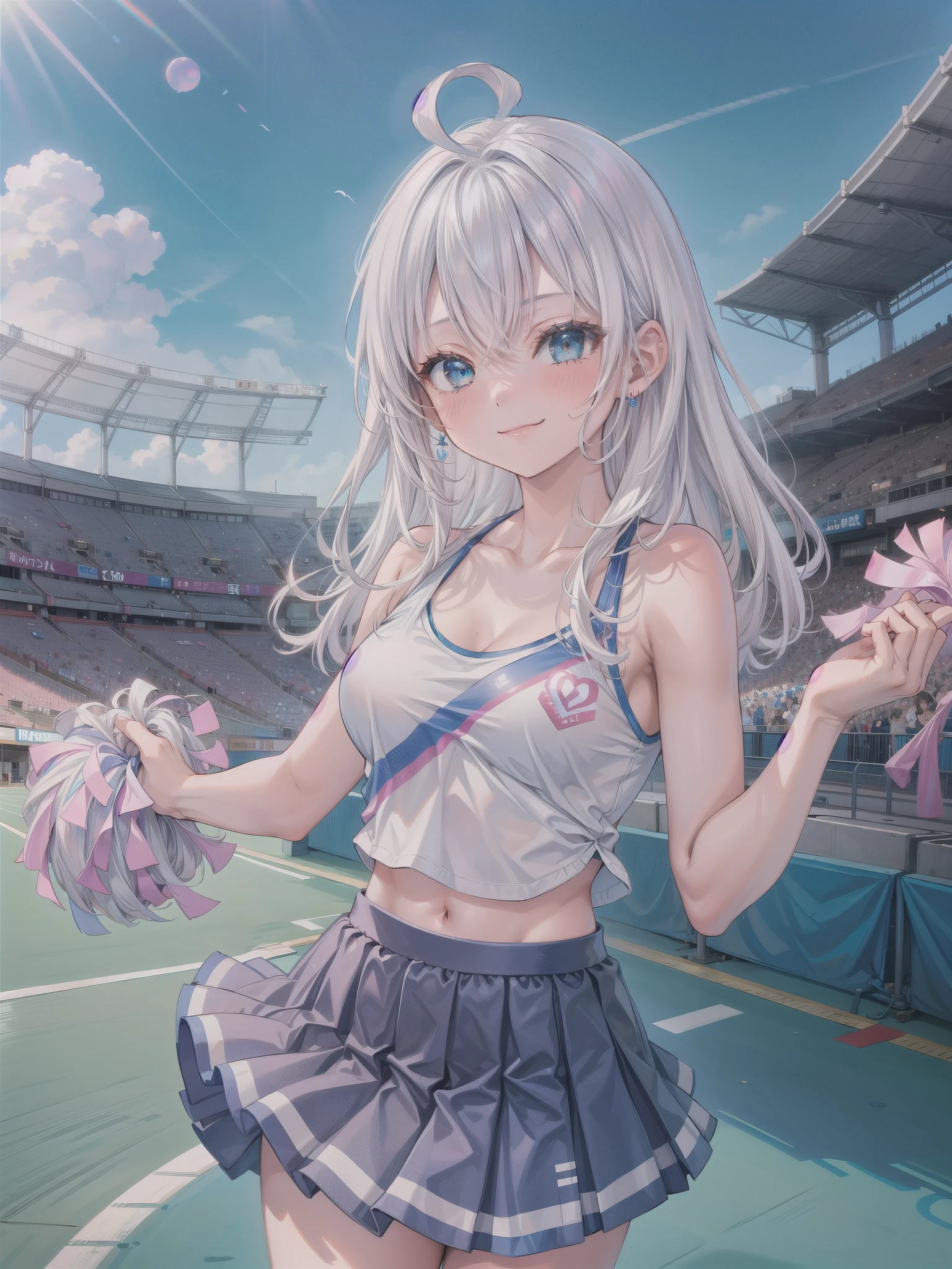 girl, medium breasts, Periwinkle with white tank top, Periwinkle skirt, cheerleader, Periwinkle pom, Japan Stadium, wink, smile, Alisa Mikhailovna, Alisa, White hair,