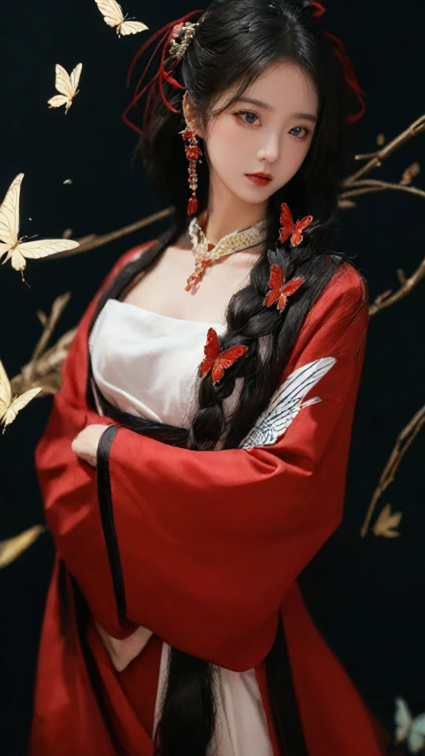 araffe woman in a red dress with a butterfly in her hair, palace ， a girl in hanfu, wearing ancient chinese clothes, hanfu, inspired by Lan Ying, artwork in the style of guweiz, with acient chinese clothes, ancient chinese princess, inspired by Gu An, a beautiful fantasy empress, white hanfu, guweiz masterpiece