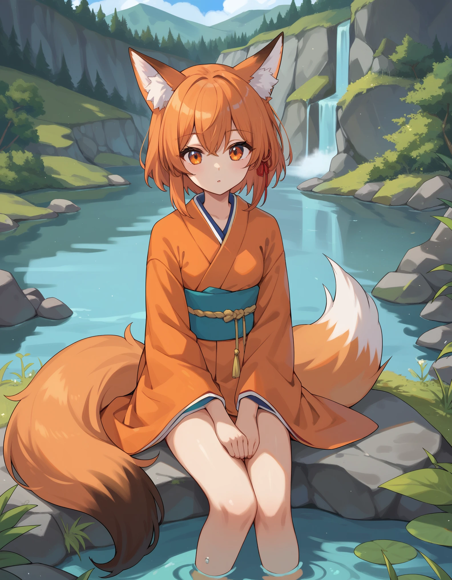 score_9, score_8_up, score_7_up,  holo, 1girl, fox ears, orange eyes, orange kimono, outdoors, sitting, rocks, lake,