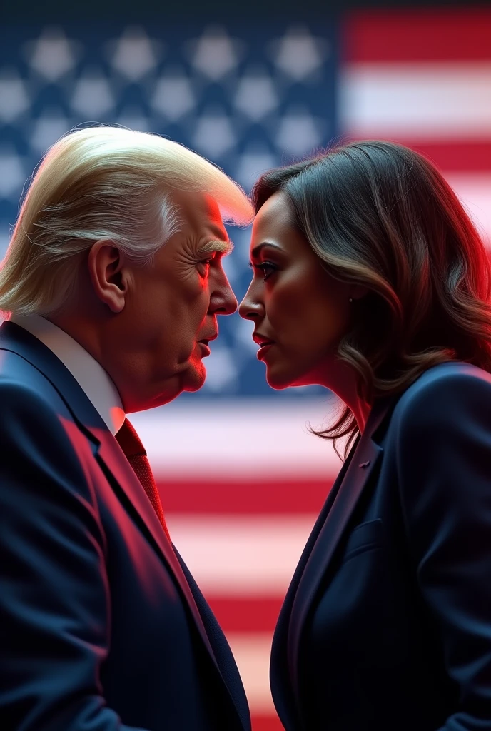 (masterpiece:1.4), (best quality:1.4), ultra-high res, 8K, 3D characters,Donald Trump,Kamala Harris,debate, Fighting, American flag,photorealistic,8k,ultra-detailed,physically-based rendering,dramatic lighting,realistic expressions,detailed facial features,dynamic poses,high contrast,patriotic atmosphere,cinematic composition