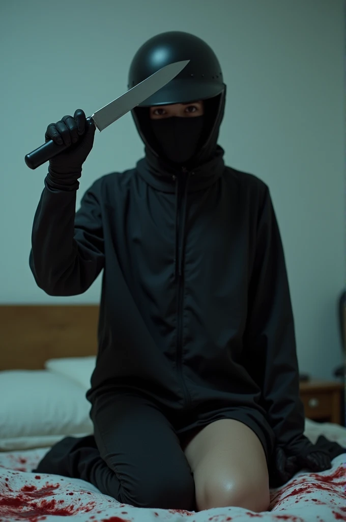korean girl, (behind multiple corpse, holding knife), balaclava, black gloves, room full of blood, black raincoat, balaclava, holding knife, black gloves, 20 years old girl, behind multiple corpse, blood splatter, on the bed, looking at viewer, mass murderer, killer, blood splatter, dark atmosphere, cinematic lighting, atmospheric realistic, light from the window, close-up,