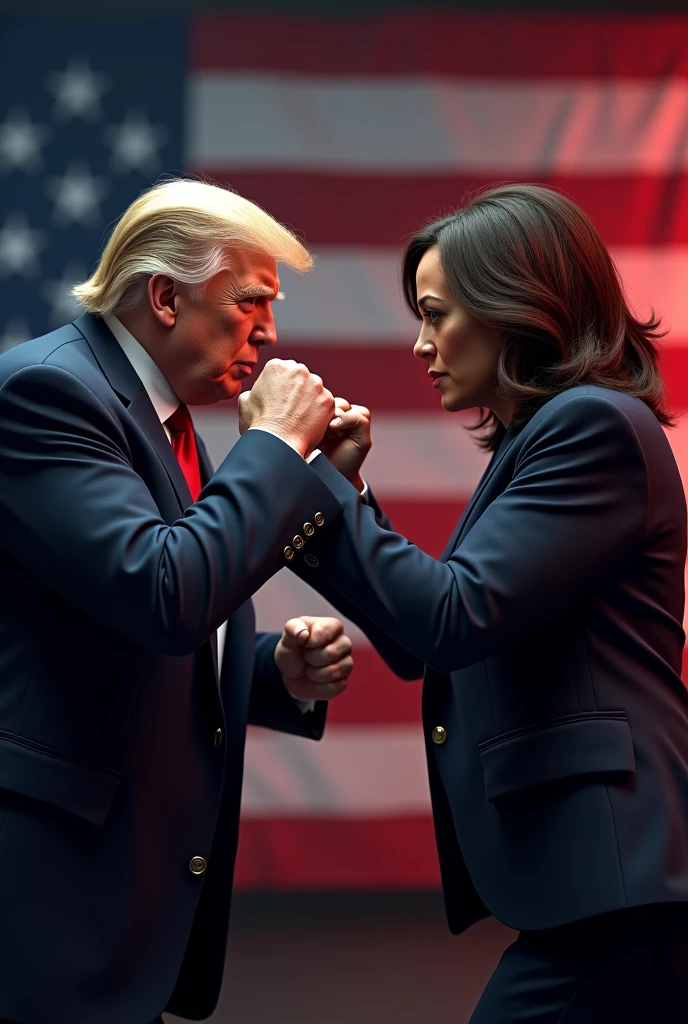 (masterpiece:1.4), (best quality:1.4), ultra-high res, 8K, 3D characters, Donald Trump, Kamala Harris, fist fighting, American flag backdrop, photorealistic, ultra-detailed, physically-based rendering, dramatic lighting, realistic expressions, detailed facial features, dynamic fighting poses, high contrast, intense atmosphere, cinematic composition