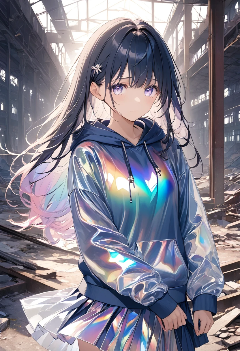 anime、((Amazingly absurd)),(masterpiece:1.2),超High resolution, Attention to detail, high quality, High resolution, 最high quality, 4K, 8k、Super detailed((((transparentの女性,Like glasswork))),translucent,((transparentの体)),Wearing clothes,hoodie,skirt,transparent,Light reflects,Standing among the ruins of a factory,Iridescent eyes,Sad face,tears,Iridescent body,こぼれ落ちるtears,Sadness,Fleeting Feelings