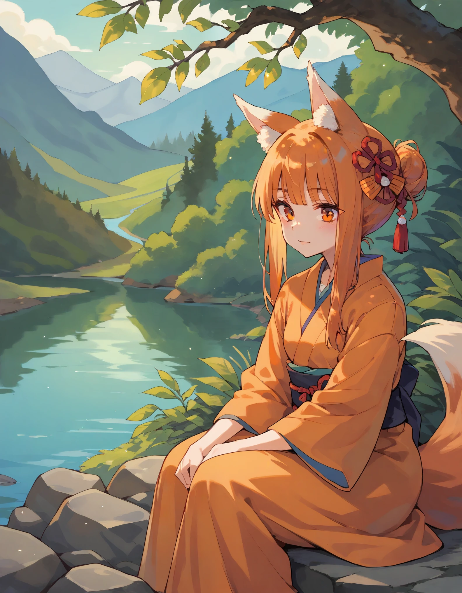 score_9, score_8_up, score_7_up,  holo, 1girl, fox ears, orange eyes, orange kimono, outdoors, sitting, rocks, lake,