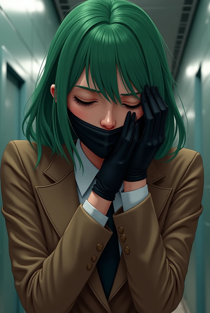 realistic, ((solo)) ((blue eyes, bright eyes)), 19 years old, perfect face, blushing, anime art, 1girl, jolynejojo, digital art, masterpiece, green and blue hair, braided_low ponytail, yellow lipstick 1girl, solo, zendaya, green eyes, lips, plug gag mouth, looking at viewer, halterneck, simple background, full body, short hair, massive breasts, high heels, collared button down satin blouse, black pencil skirt, handcuffs, blushing, embarrassed