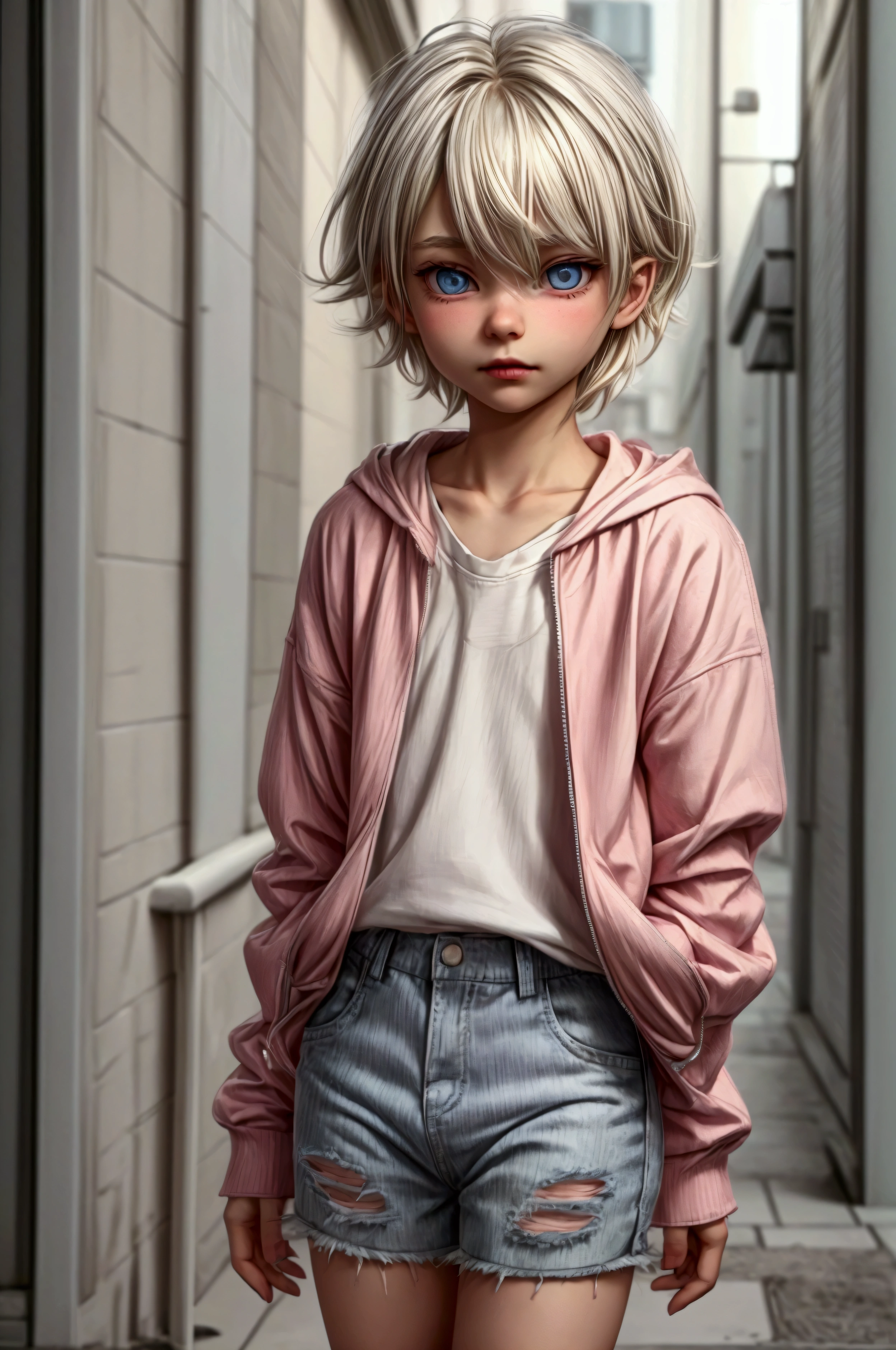Anime style, Highres, Masterpiece, Best quality at best, Best Quality, hight quality, hight detailed, 1boy, (), boy, blonde boy, blond Hair, perfect boy body, cute boy, detailed light blue eyes, detailed eyes, short hair, messy hair, pastel rainbow inner hair color mesh, Neutral Facial Features, boy flirty posing, wears a open zipper pink hoodie, silver necklace with a pastel pink heart, boy chest, detailed too very short mini blue jean skirt, beautiful long legs, rainy afternoon on the street, highest quality,