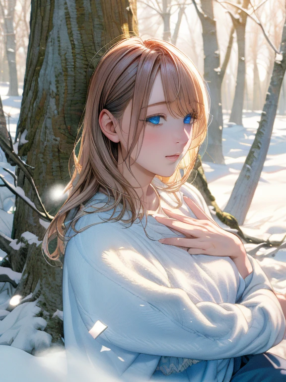 Portraiture, high quality, Ukrainian fairy winter snow In the woods through the trees About , blue eyes, Smooth Skin, ((最high quality, 8k, masterpiece :1.3)), One girl, pretty girl , Casual clothing :1.2, In the woods, Highly detailed face, Fine grain, Double eyelids