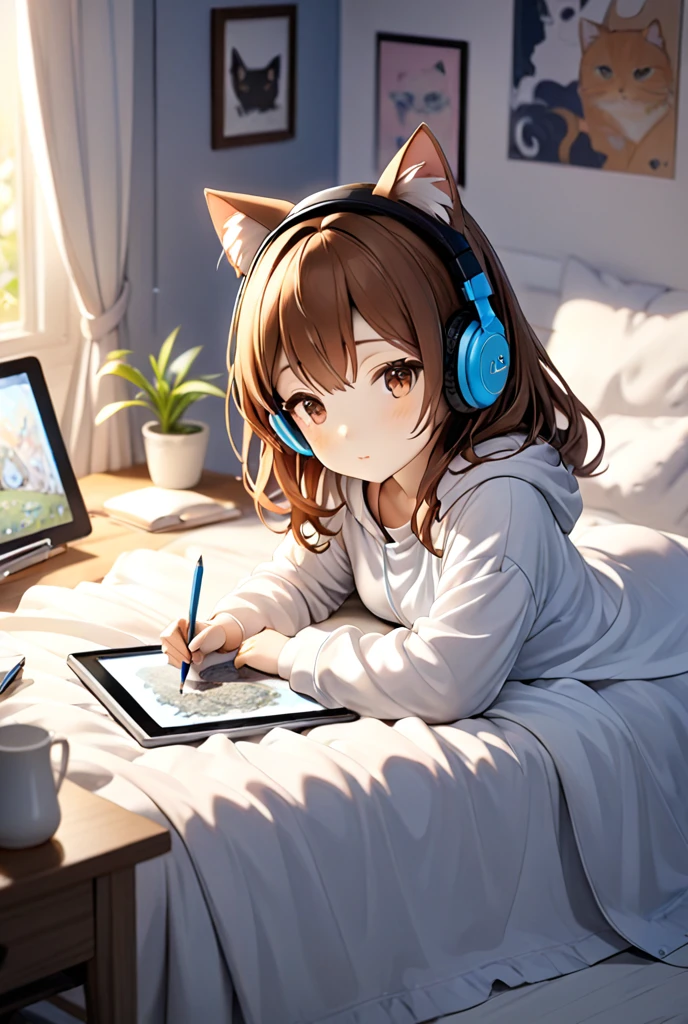 A girl with brown hair and cat ears, laying on a bed with a tablet and pencil, wearing headphones, focused on drawing. The scene is cozy and relaxed, with soft lighting, showing her in a solo setting. The bed is covered with a simple blanket, and she is comfortably immersed in her illustration work, combining elements of both creativity and a peaceful atmosphere.