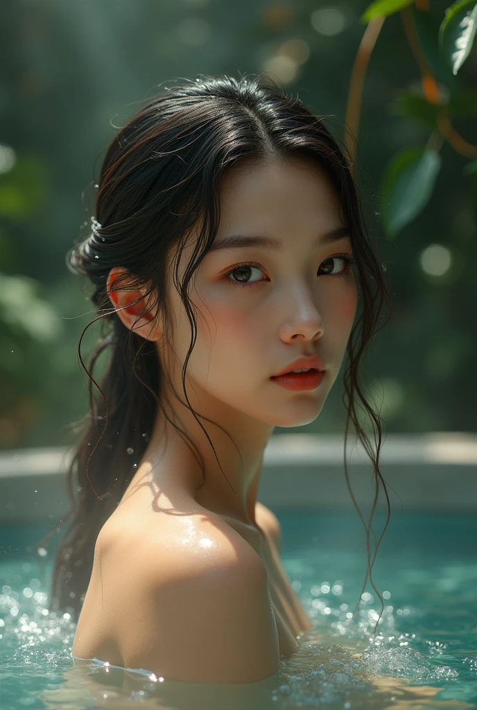 a 10 Naked cute girl, nude in hot spring, visible nipples, flat chest, beautiful detailed eyes, beautiful detailed lips, extremely detailed eyes and face, long eyelashes, serene expression, soft skin, natural lighting, photorealistic, 8k, high resolution, masterpiece, digital painting