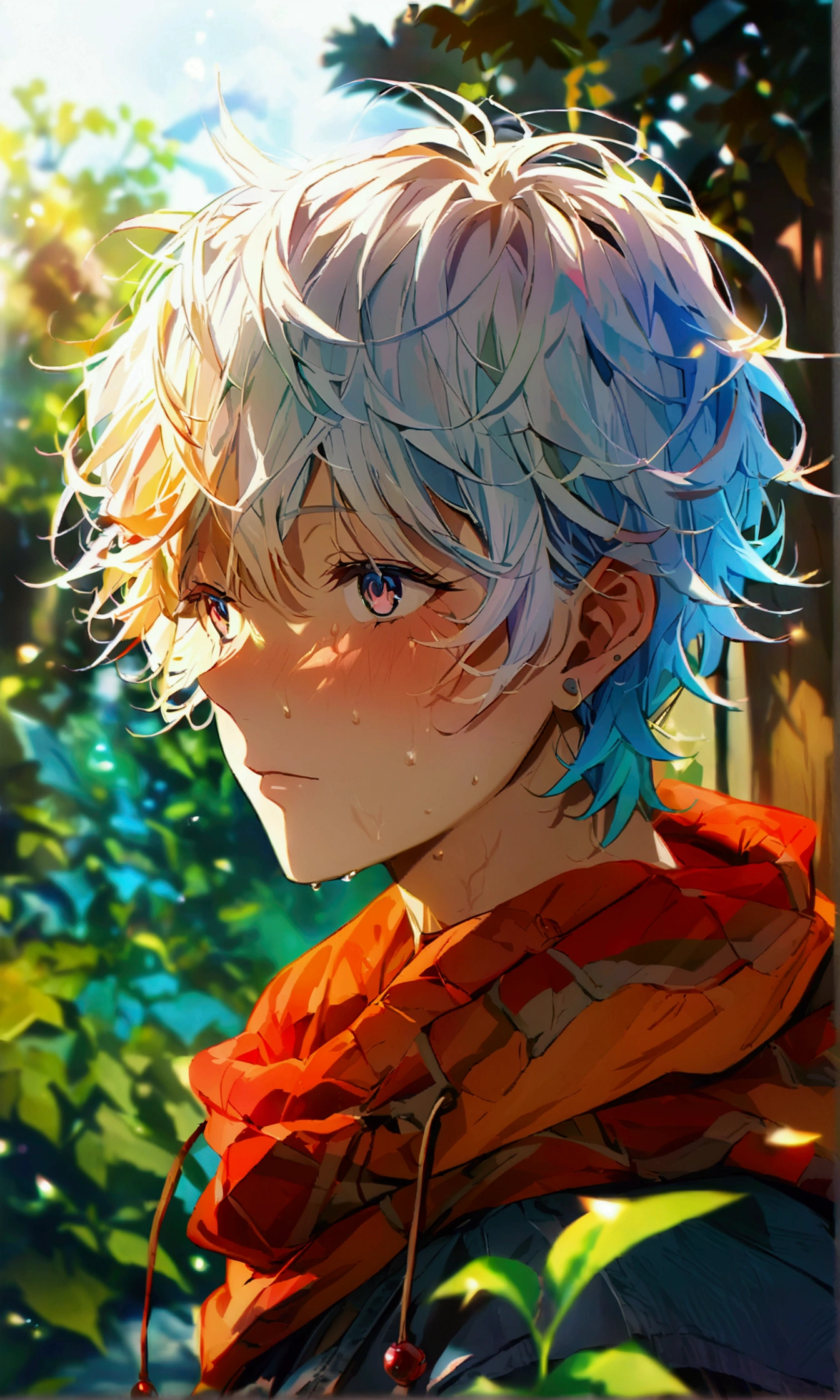 Homeless man,garden,Beautiful face with attention to detail,high quality,anime,beautiful,High resolution,anime color,{{{{8k_wallpaper}}}},{{{masterpiece}}},{{{{Very fine grain}}}},{{{{Highly detailed body}}}},{{{{Highly detailed fingers}}}}