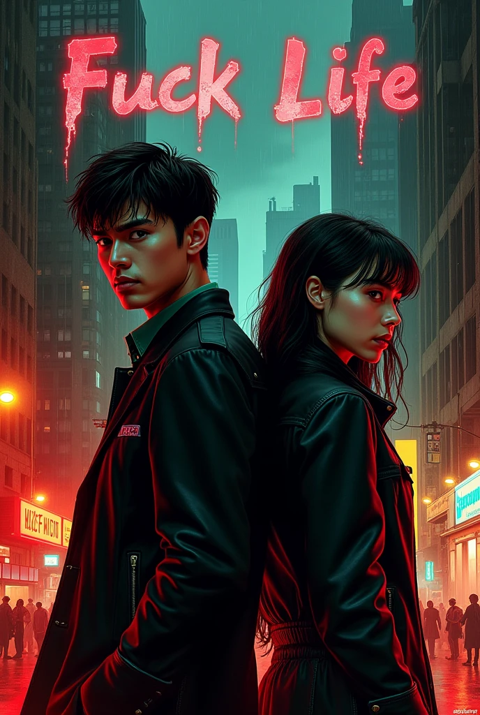 /imagine prompt: A young man in panic holds the hand of a young woman tightly, with a look of fear and nervousness, blood-stained streets around with constant chasing and roaring sounds,