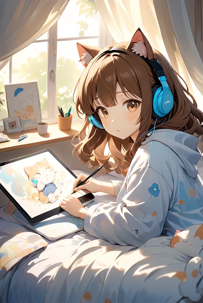 A girl with brown hair and cat ears, laying on a bed with a tablet and pencil, wearing headphones, focused on drawing. The scene is cozy and relaxed, with soft lighting, showing her in a solo setting. The bed is covered with a simple blanket, and she is comfortably immersed in her illustration work, combining elements of both creativity and a peaceful atmosphere.