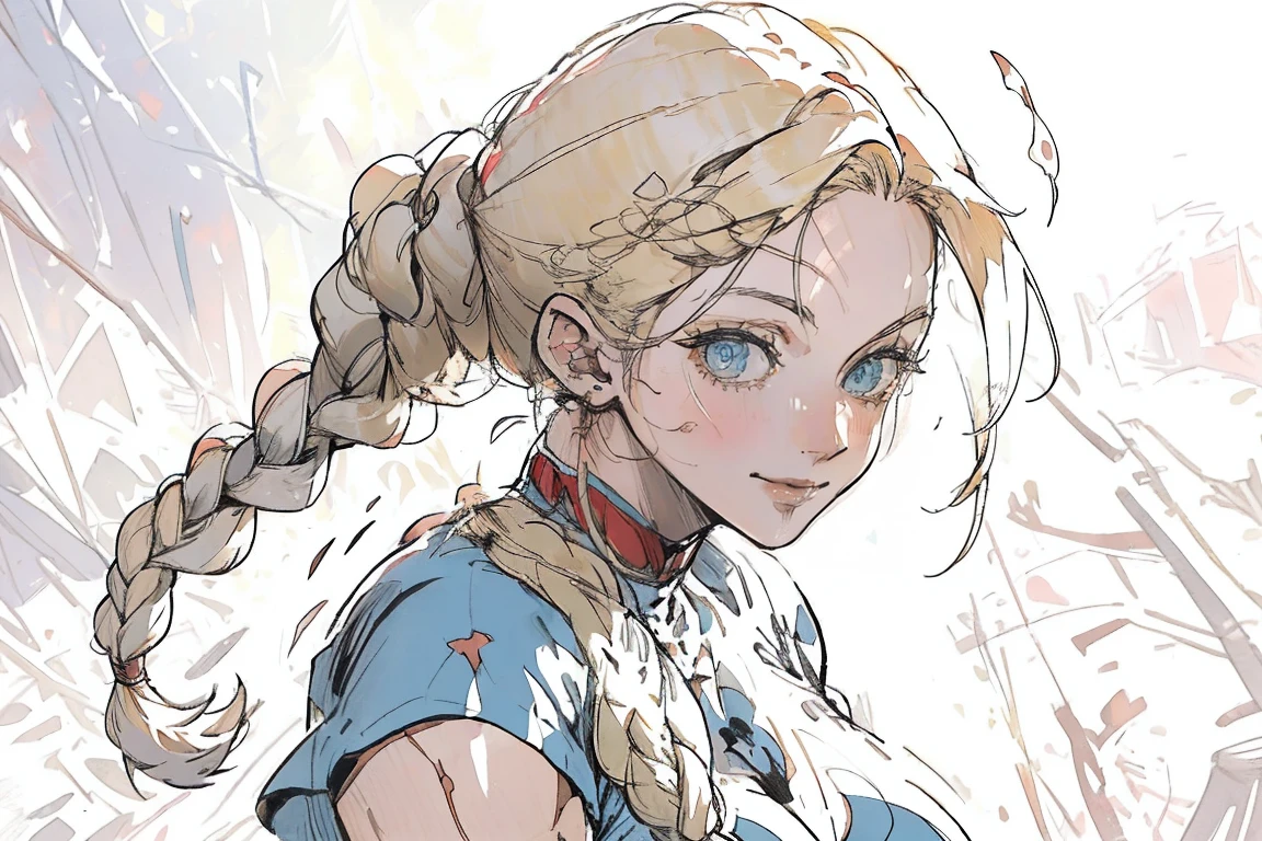 masterpiece, best quality, a girl, solo, line-drawing, monochromes, sketch, Pencil drawing, comic strip, manga comics, cammy white, twin braids, long hair, blonde hair, antenna hair, blue eyes, scar on cheek, large breasts, smiling, T-shirt, upper body, white background