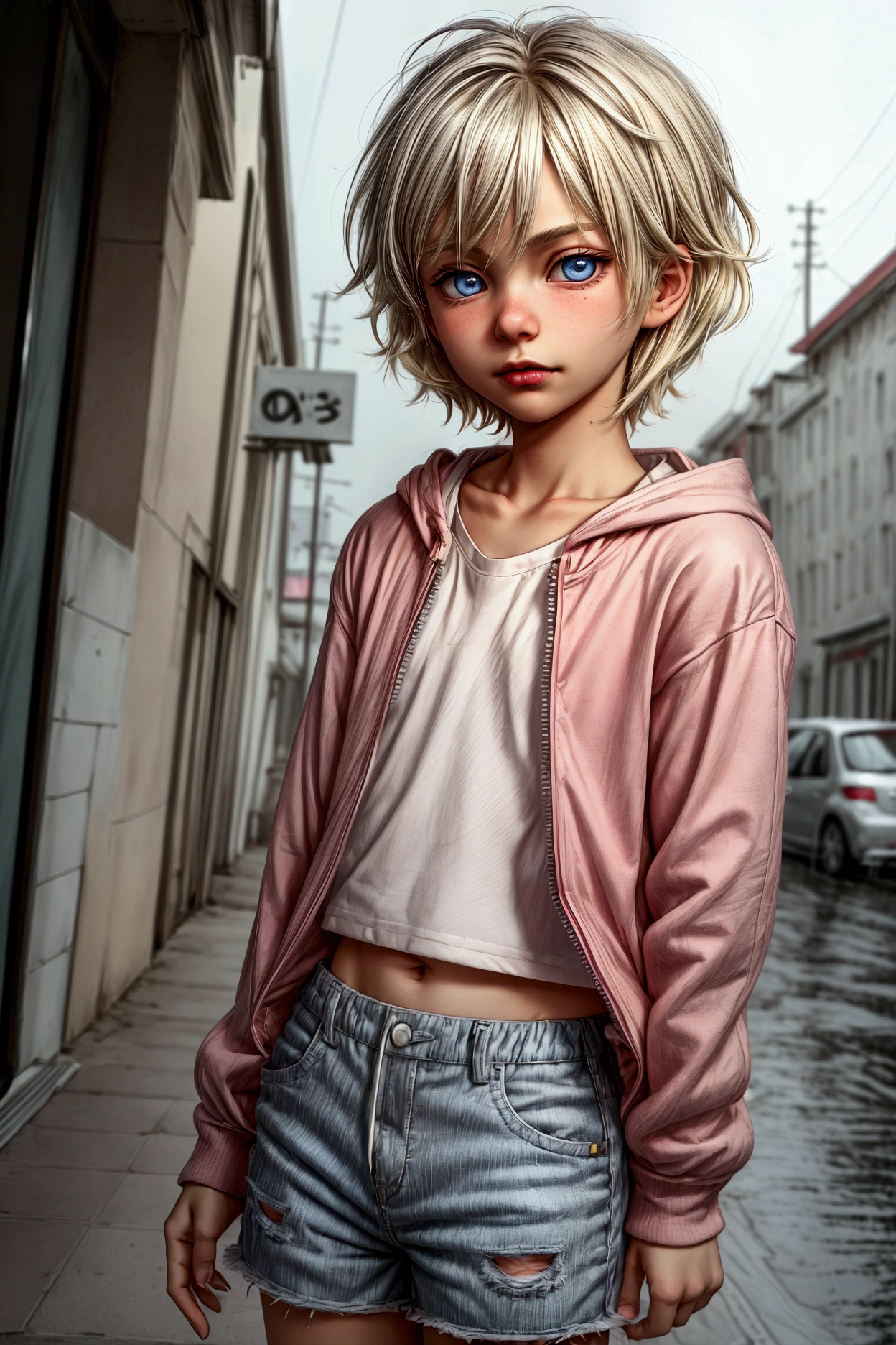 Anime style, Highres, Masterpiece, Best quality at best, Best Quality, hight quality, hight detailed, 1boy, (), boy, blonde boy, blond Hair, perfect boy body, cute boy, detailed light blue eyes, detailed eyes, short hair, messy hair, pastel rainbow inner hair color mesh, Neutral Facial Features, boy flirty posing, wears a open zipper pink hoodie, silver necklace with a pastel pink heart, boy chest, detailed too very short mini blue jean skirt, beautiful long legs, rainy afternoon on the street, highest quality,