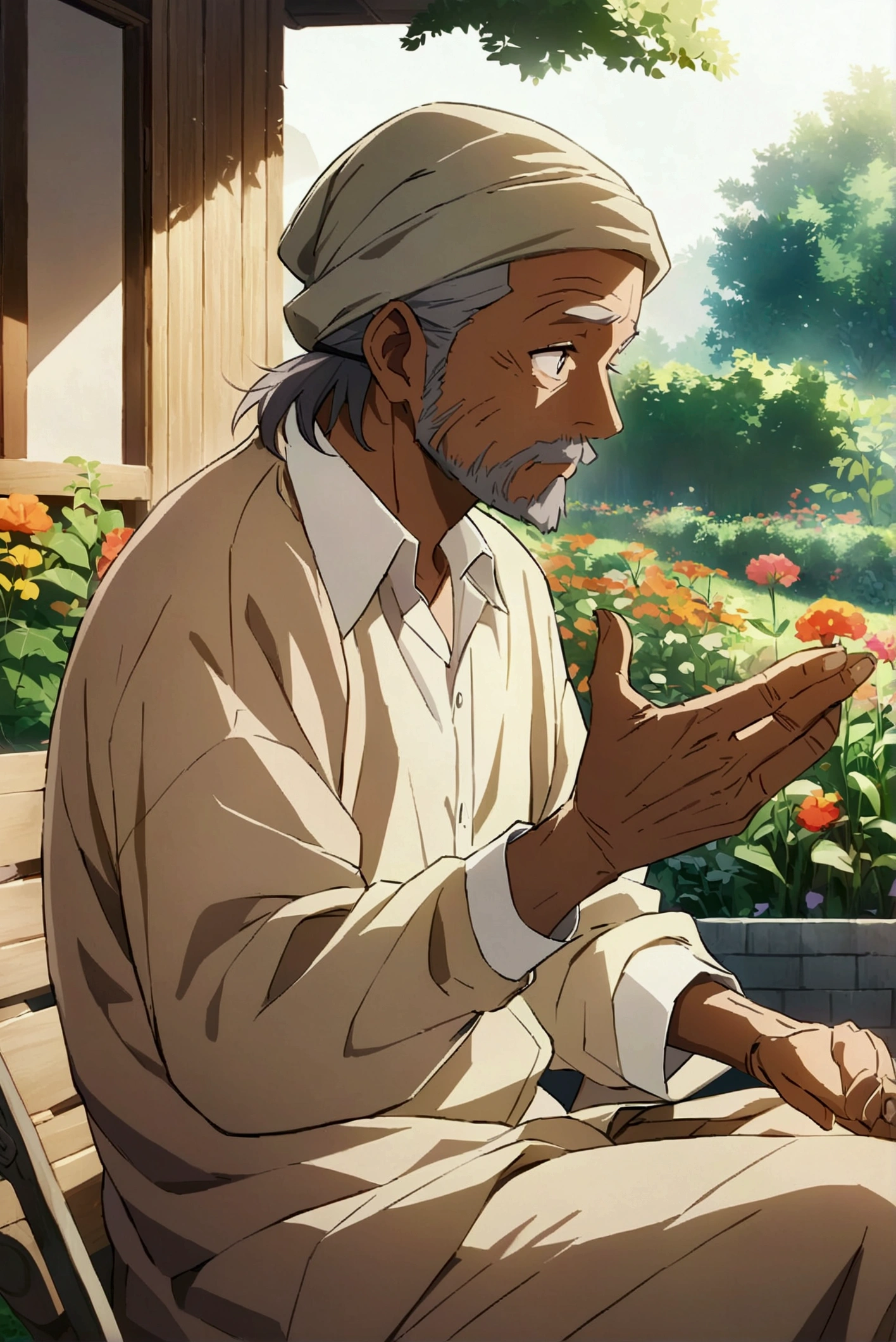 Homeless man,garden,Beautiful face with attention to detail,high quality,anime,beautiful,High resolution,anime color,{{{{8k_wallpaper}}}},{{{masterpiece}}},{{{{Very fine grain}}}},{{{{Highly detailed body}}}},{{{{Highly detailed fingers}}}}