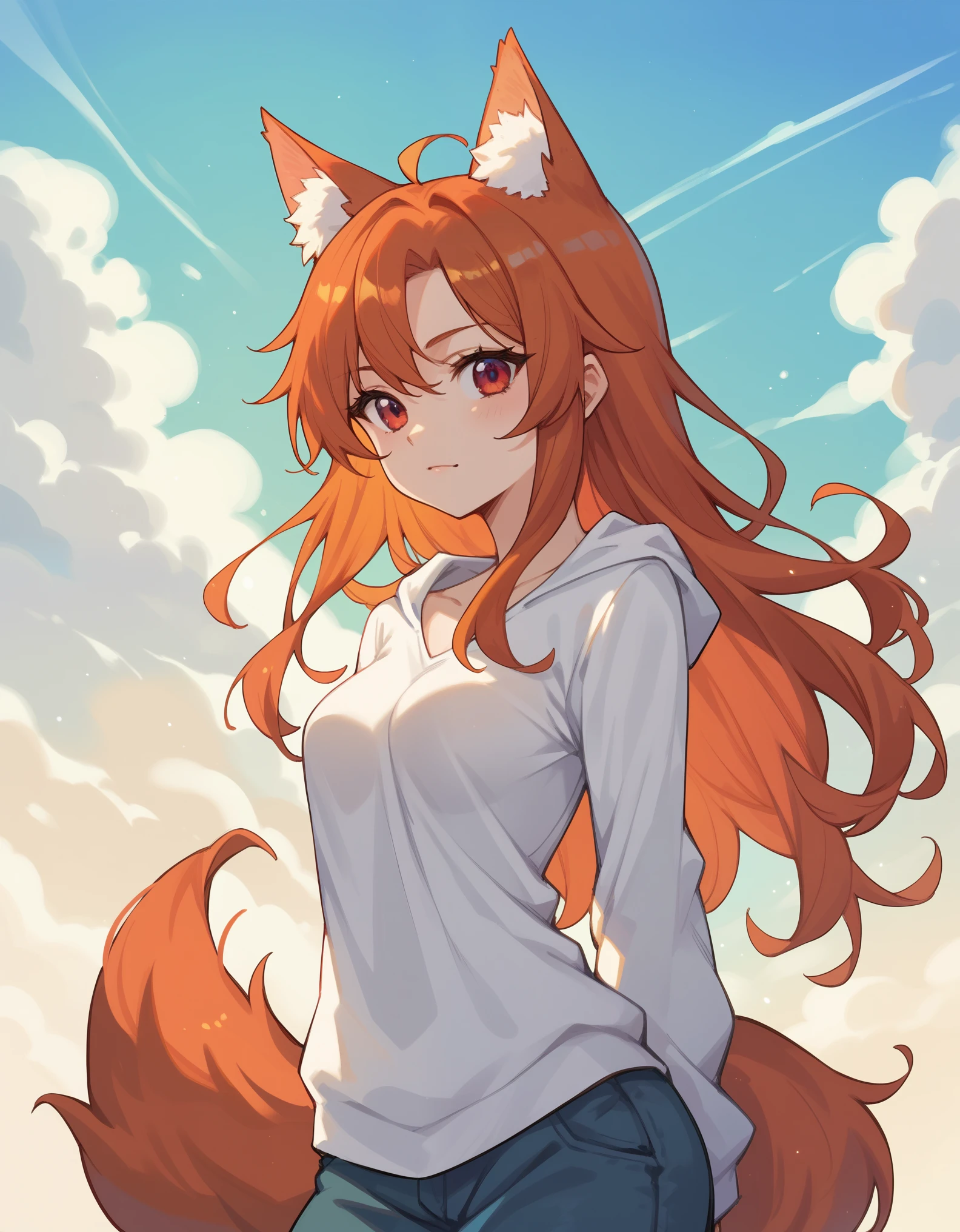 score_9, score_8_up, score_7_up, score_6_up, holo, 1girl, wolf ears, long hair, solo, red eyes, ginger hair, wolf tail,