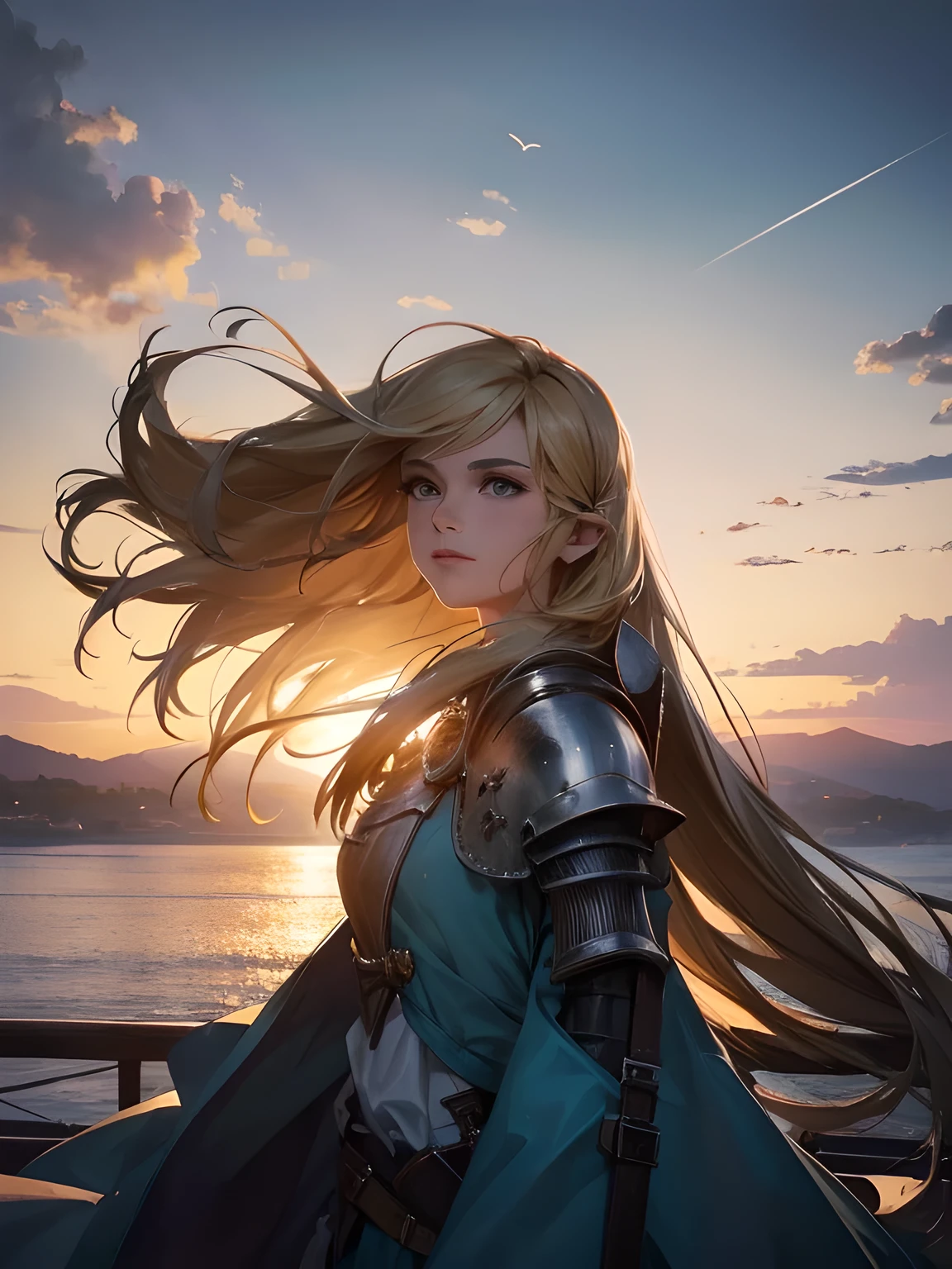 masterpiece, best quality, movie still, 1girl, cloud girl, floating in the sky, close-up, bright, happy, warm soft lighting, sunset, (sparks:0.7)