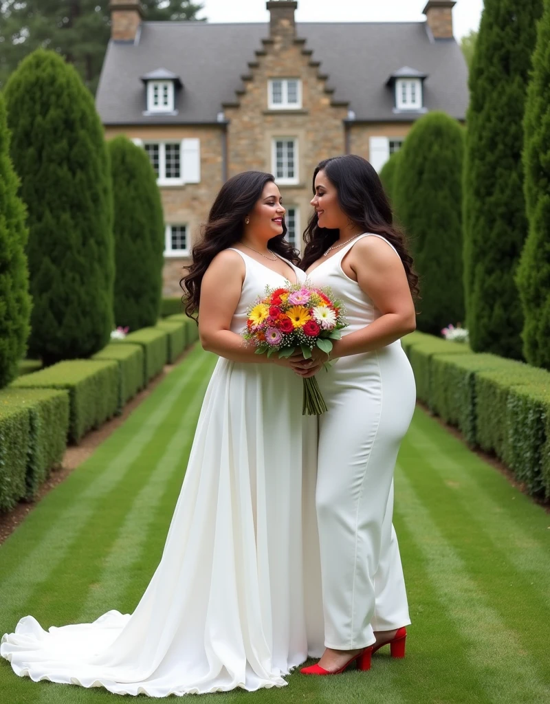 Woman with huge breasts in a wedding dress with huge cleavage walking in the park