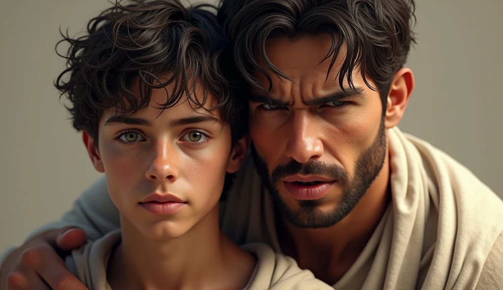 there is a man and a woman hugging each other on the beach, alessio albi and shin jeongho, portrait of bedouin d&d, asian male, by Amir Zand, enes dirig, by Adam Dario Keel, ayan nag, handsome face and beautiful face, maxim sukharev, rick dai, by Ahmed Karahisari