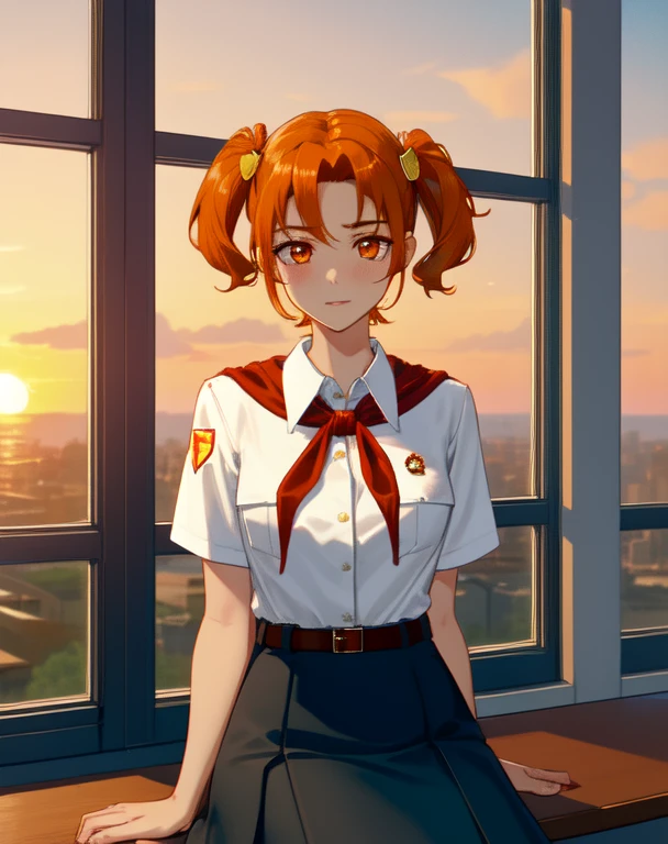 masterpiece, high quality, sit down, 1 girl, medium shot, Upper body, orange eyes, orange hair, short two ponytails, white shirt, red badge on shirt, red neckerchief with bow tie, Leather belt, blue skirt, yellow hairpin,in the room, sunset, 