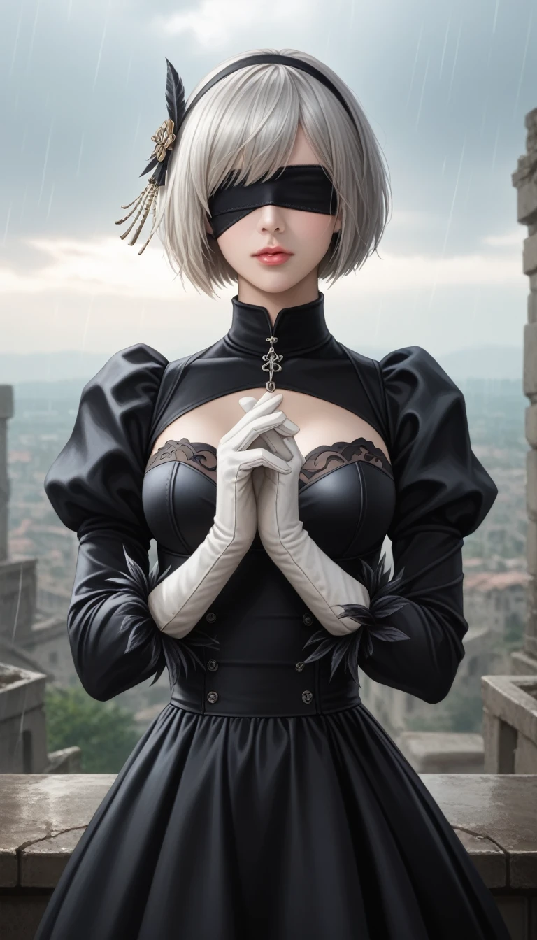 score_9, score_8_up, score_7_up, 32k,masterpiece, highest quality, photo realistic,
2B Nier Automata,Bobcut, Gray Hair,Long sleeve, Juliet Sleeve, White gloves, turtleneck, bangs, Feather ornament, Feather ornament sleeves, Blindfold, Black Goth Dress,Japanese Ultra HD,super high quality,masterpiece,Digital SLR,Photorealistic,Detailed details,Vivid details,Depicted in detail,A detailed face,Detailed details,Super Detail,Realistic skin texture,Anatomical basis,Perfect Anatomy,Anatomically correct hand,Anatomically correct fingers,Complex 3D rendering,Sexy pose,Rainy Sky,Beautiful scenery,Fantastic rainy sky,Fantasy worldview,Beautiful night sky,Picturesque,Pink Lips,Black butterfly々Fluttering,A ruined world,A devastated battlefield,ruins,