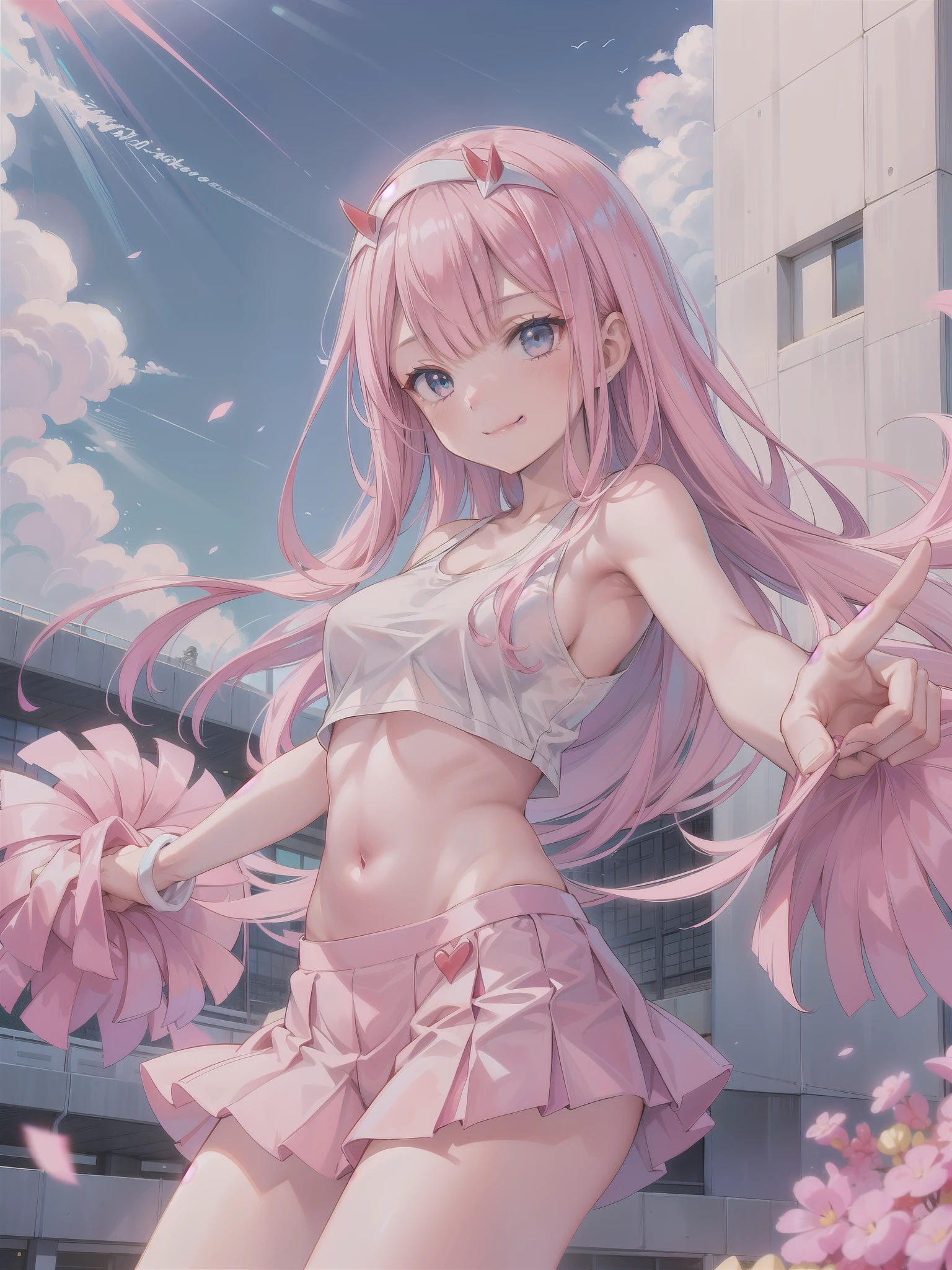 girl, medium breasts, Periwinkle with white tank top, Periwinkle skirt, cheerleader, Periwinkle pom, Japan Stadium, wink, smile, Darling in the franxx, Zero Two, Pink hair,