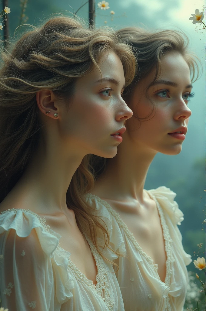 ((((3 women staring together)))), ((18 yo, close-up, portrait)) , fit , (young) , beautiful , (((pale skin, wavy white hair))), (((tight t-shirt, busty, dreamy, loving stare, magical fairytale fantasy atmosphere, magical fairytale forest, sexy))), flowers in hair, surrounded by flowers, happy, playful, erect nipples, ((large soft heavy breasts))