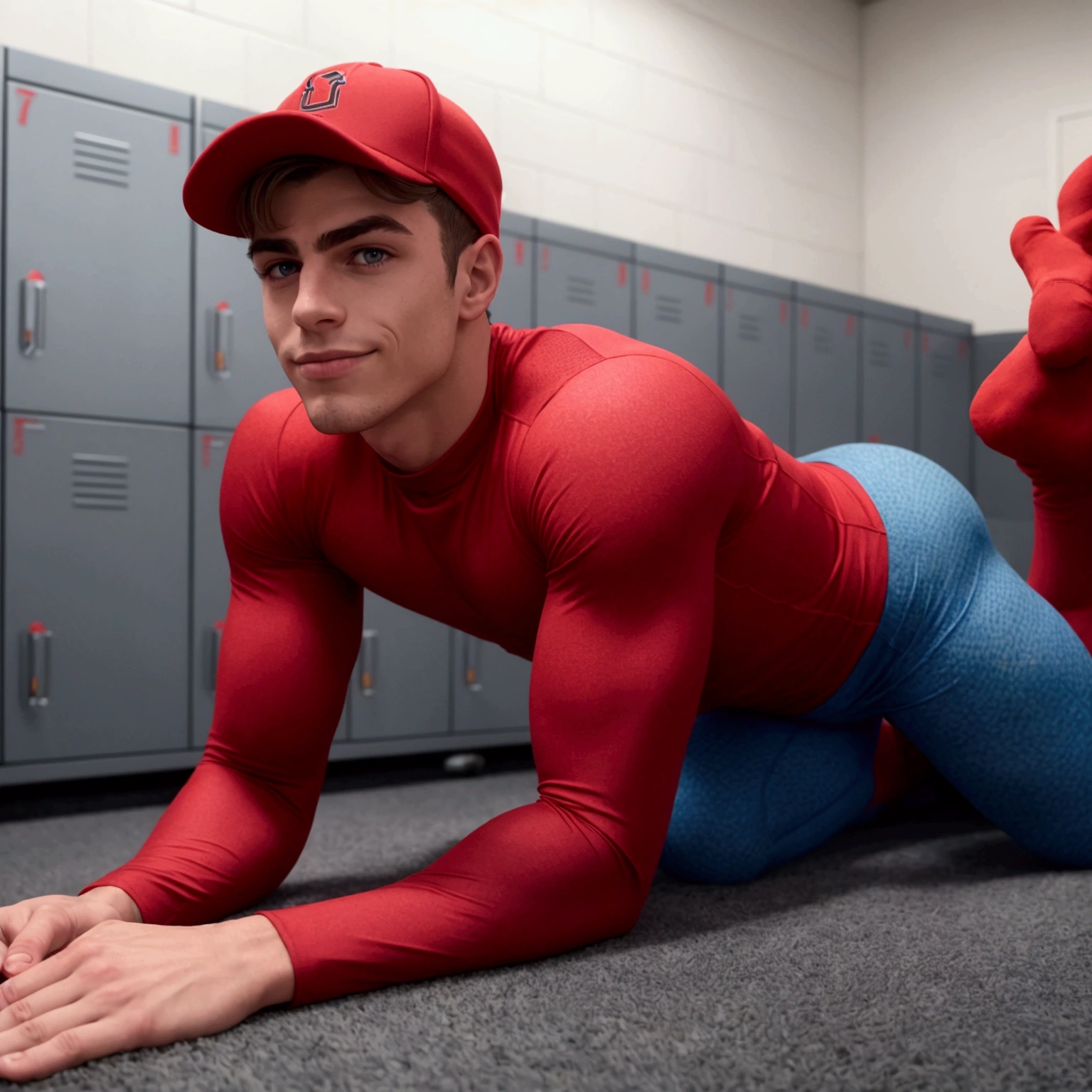 A young man is lying face down in a locker room with blue lockers in the background. He is wearing a tight red athletic outfit, consisting of a long-sleeve compression shirt, fitted boxer briefs, and matching red socks. He also wears a backward red cap. He is looking towards the camera with a slight smile while holding a smartphone. The floor is covered in grey carpet. The lighting is soft, emphasizing the tones and textures of his muscular physique and the bright red of his clothing