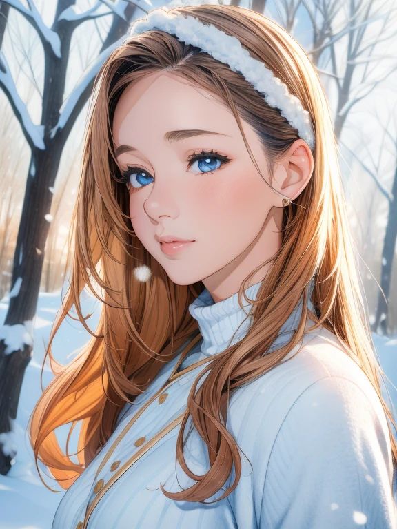 1girl, portrait, ukrainian girl, , fairy, winter, snow, through the trees, forest, blue eyes, smooth skin, (best quality, 8k, masterpiece:1.3), cute girl, casual clothes:1.2, extremely detailed face, detailed eyes, double eyelids, natural lighting, cinematic, detailed landscape, hyper realistic, 8k, photorealistic, detailed portrait, warm color tones, beautiful