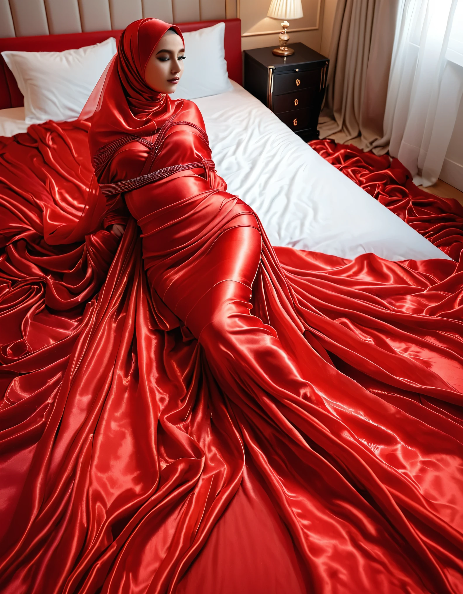 a woman in the translucent red gown, tight full body tied, satin sheet on flor, nipple on with nipple piercing, satin hijab, full body, long satin,mermaid tight long gown, flowy dramatic long gown, tall women, laying on bed, wear high heels, masterpice.