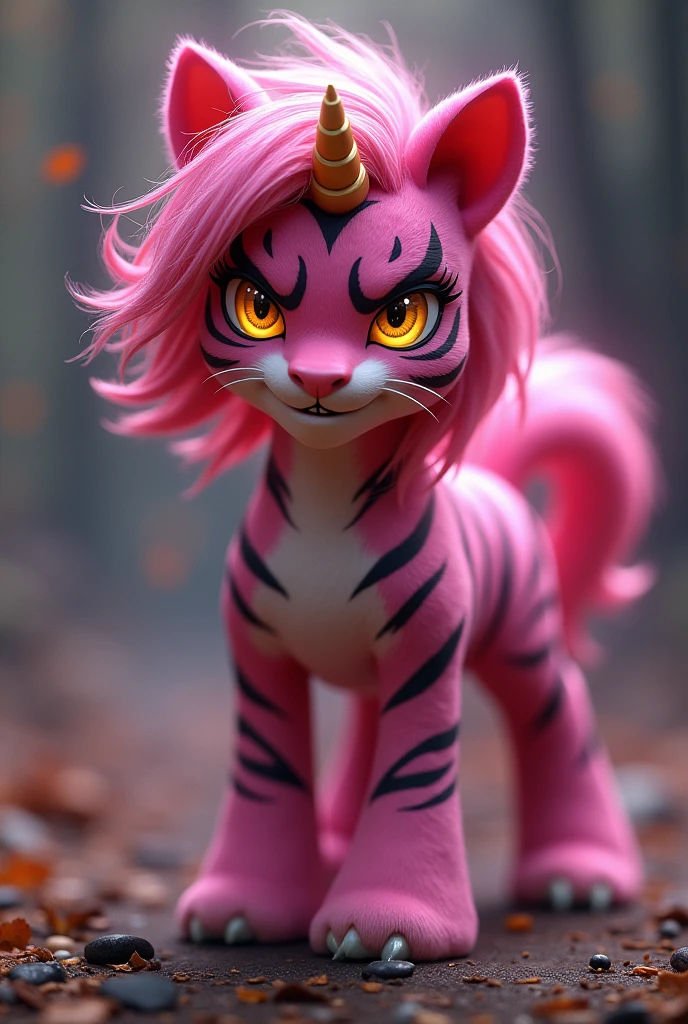 Shocked tall slim female tiger in full make up with white fur with long Pink hairs with Blue Highlights and glowing Green eyes naked covering her breasts with her hand looking at herself there are some traces of Pink magic floating around her she is in the middle of the forest
