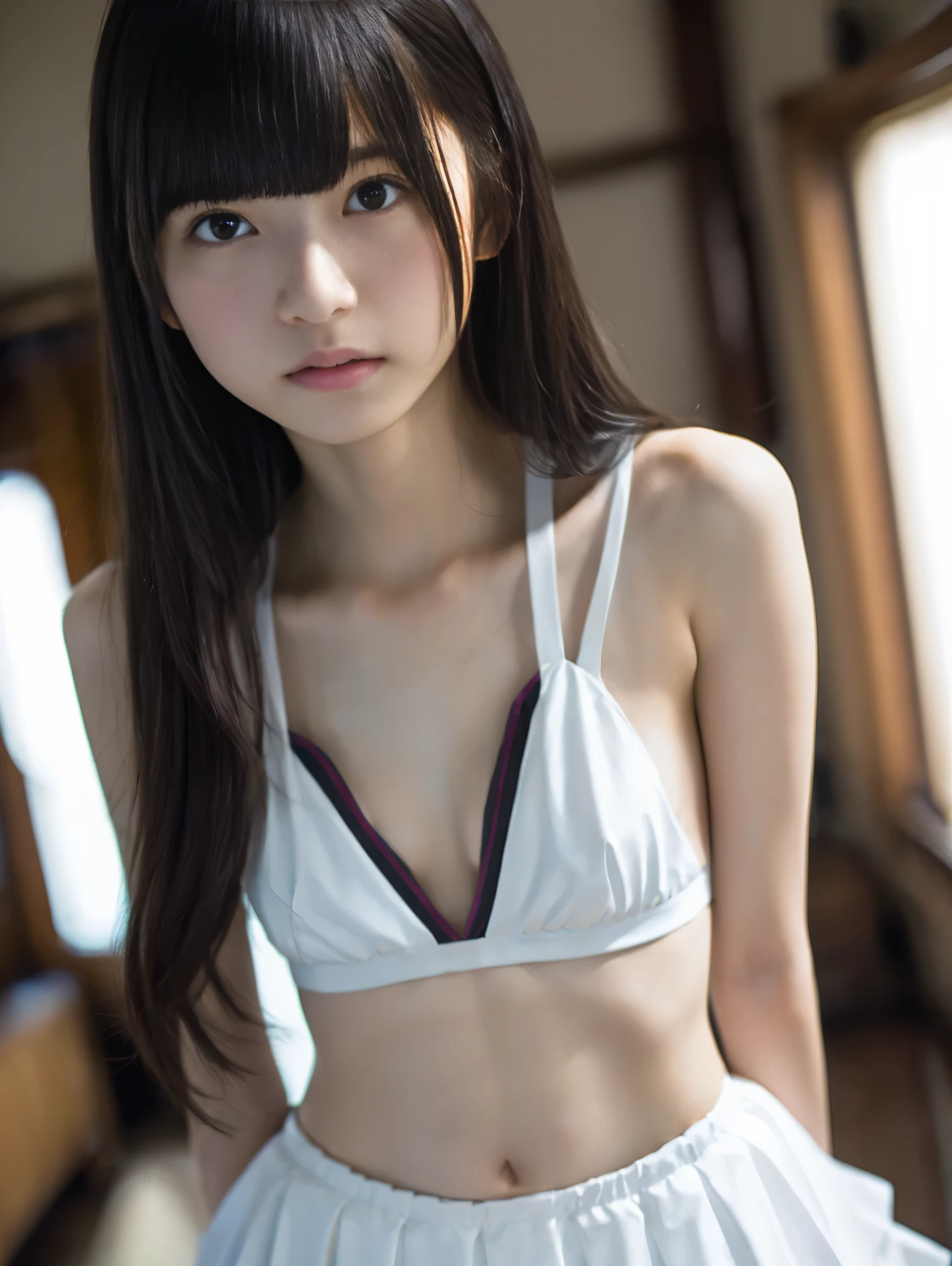 Japanese,Beautiful 6 years old,Baby Face、Upper body image、Ultra-flat chest:1.85、Ultra short height、smile、Flat Chestのクローズアップ、Flat Chest:1.85、cute,Primary school students,clavicle、Primary school studentsのcute私服、Summer clothes、So small and so young、On the bed:1.85、She has her arms open wide waiting for a hug:1.85、Big frilly ribbon:1.85、Strong motherhood、sunday morning、Kissing the penis