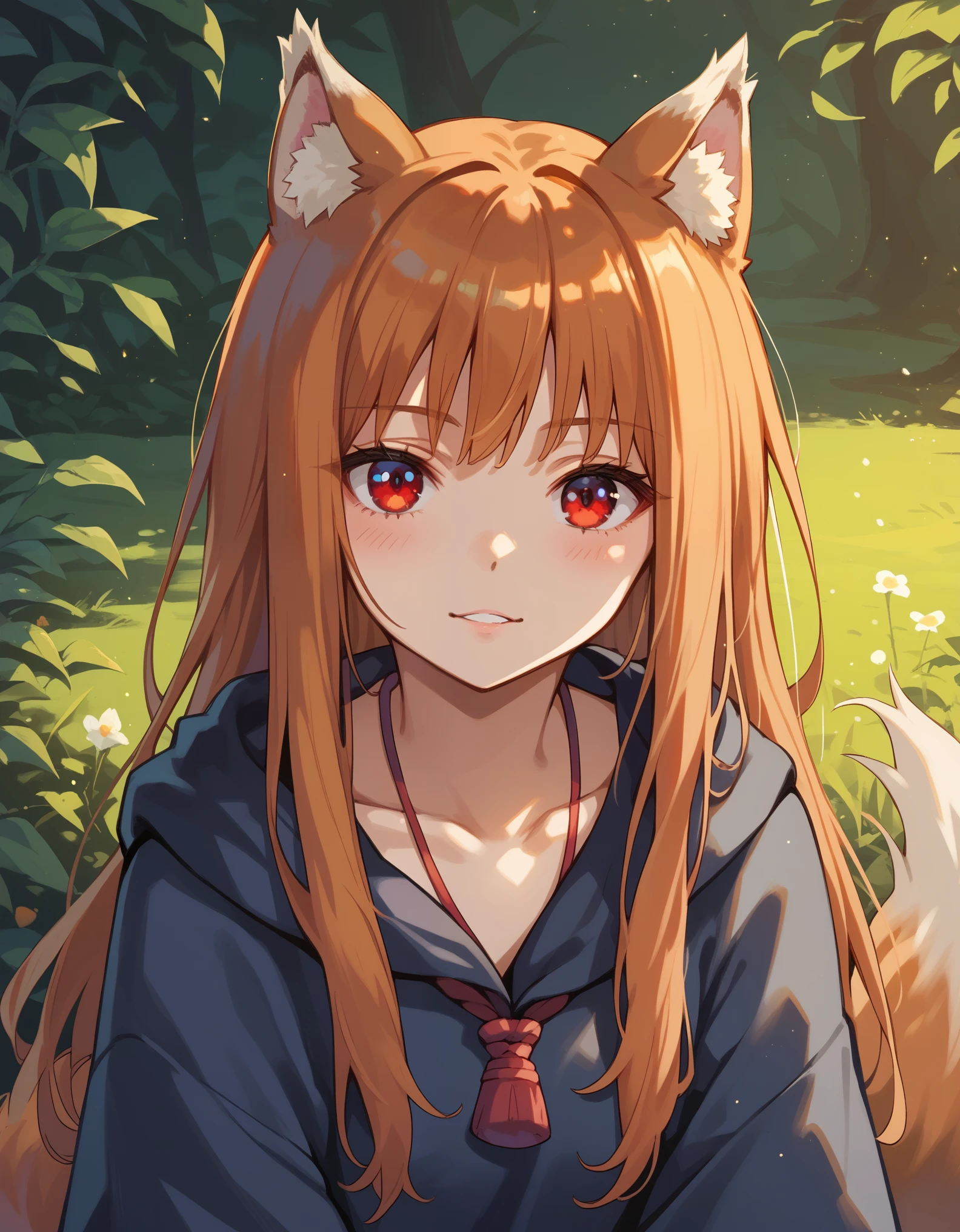 score_9, score_8_up, score_7_up, score_6_up, holo, 1girl, wolf ears, long hair, solo, red eyes, ginger hair, wolf tail,