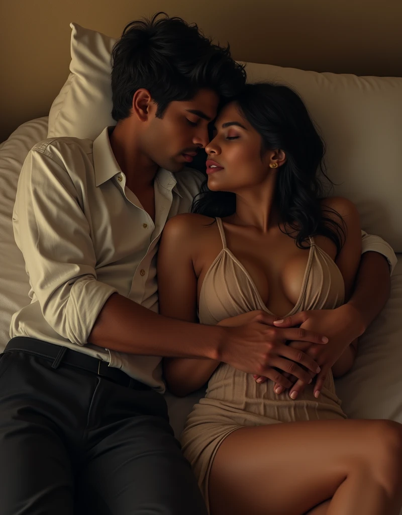 (An Indian cuckold husband is lying on his back underneath his beautiful indian wife, spreading her legs with both his hands in a luxurious hotel room :1.2). (His wife, clad in a lacy lingerie, is (((straddling him, squatting above his face, ass visible, arched back, looking down at her husband, spreading her legs wide))) :1.2). Her hands are firmly gripping the sheets, holding onto them for dear life as she gets licked by her husband underneath her