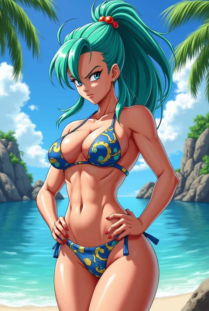 beach,  Serious face , Green hair, Super detailed face, Super detailed body, seductive body, Kefla (Dragon Ball Super (DBS)),  standing, solo, large_breats, masterpiece, best quality, detailed face, detailed eyes, highres, Slingshot, Super tight slingshot, pointy breasts, pussy , giant tits 