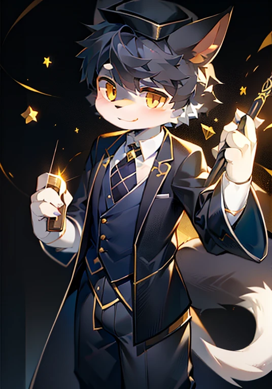 magician，Handsome，cute，White male cat，boy，Big furry tail，Black clothes，Black hat，Golden Eyes，Holding a magic wand，Perform magic。magic