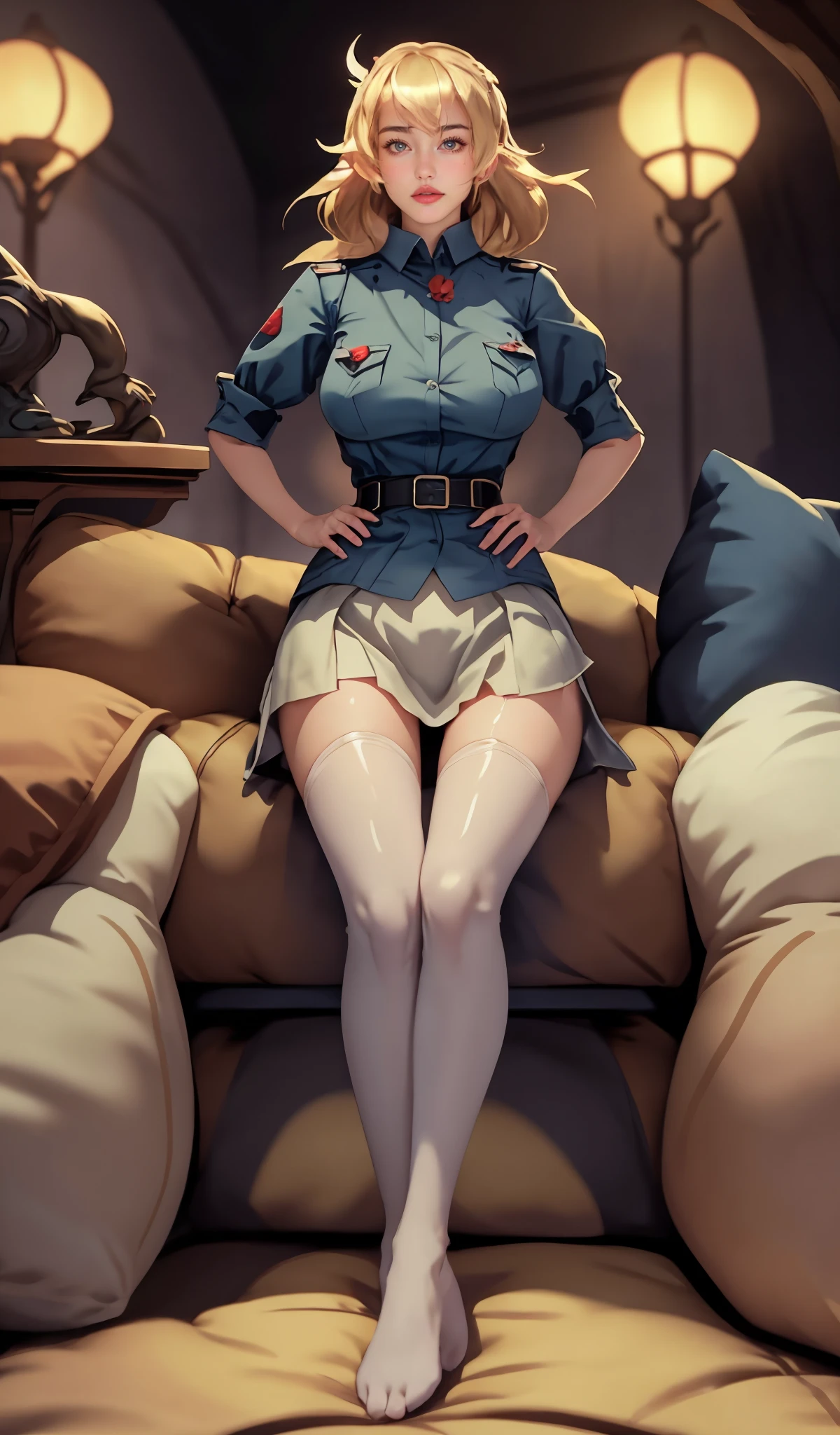 mature female,perfect hands, perfect finger,perfect anatomy, masterpiece, best quality,realistic, hyperrealistic, 16k hdr,  pbNaomi, tan,blue and white uniform, long sleeves, white ultra miniskirt, large breasts, black thighhighs,(dark blue hair, bobcut)  ,gorgeous panty,gundamwingcockpit,from below,sitting,spread legs,sweat